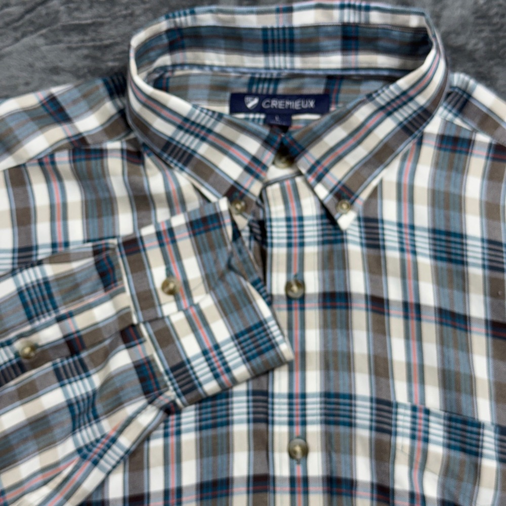 Cremieux Button Down Shirt Mens L Blue Brown Plaid Rayon Long‎ Sleeve